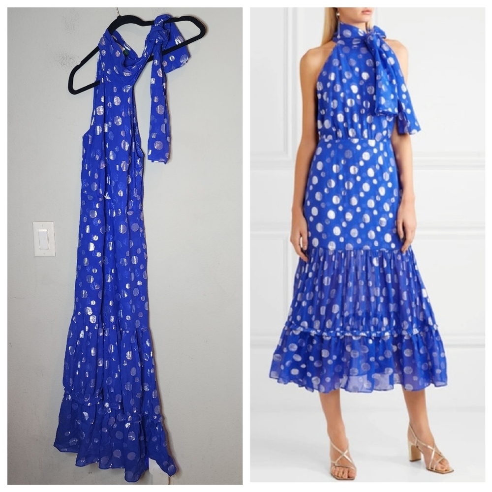 RIXO 100% Silk Eleanor Lame Spot‎ Dress Blue Silver Sleeveless Midi Maxi Size XS